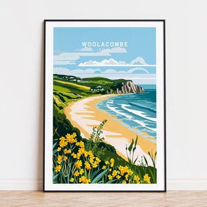 Woolacombe Devon Travel Poster, England Wall Art, Woolacombe Print, Birthday Present, Personalised Gifts, Custom Travel Poster, Home Decor