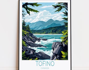 May include: A colourful illustration of a coastal scene in Tofino, Canada. The image shows a rocky shoreline with crashing waves, a lush green forest, and a mountain range in the background. The text "TOFINO CANADA" is printed below the image.