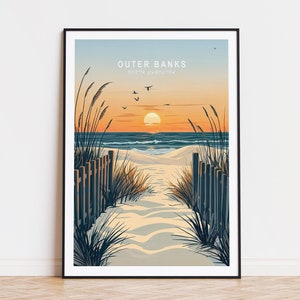 May include: A sunset over the ocean with a path leading through tall grass and a wooden fence. The text "OUTER BANKS NORTH CAROLINA" is at the top of the image.