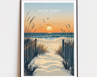 Puede incluir: Una puesta de sol sobre el océano con un camino que conduce a través de hierba alta y una cerca de madera. El texto "OUTER BANKS NORTH CAROLINA" está en la parte superior de la imagen.