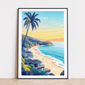Póster de viaje de Malibú, California, arte mural de Los Ángeles, impresión de Malibú, regalos de cumpleaños, decoración del hogar, póster de viaje personalizado, paisaje urbano minimalista