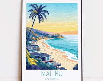 Póster de viaje de Malibú, California, arte mural de California, impresión de Malibú, Los Ángeles, regalos de cumpleaños, decoración del hogar, póster de viaje personalizado
