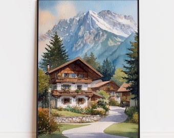 Puede incluir: Pintura a la acuarela de un encantador pueblo alpino al pie de una montaña nevada. La obra presenta una carretera sinuosa que conduce a chalets de madera tradicionales con tejados marrones y paredes blancas, rodeados de vegetación.