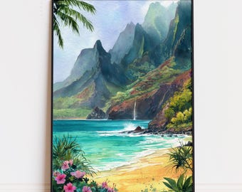 Kauai Hawaii Travel Poster, Tropical Island Beach Wall Art Print