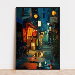 Tokyo Japan Oil Painting Print – Rainy Night Street Scene Wall Art