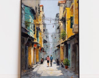 Hanoi Old Quarter Vietnam Watercolor Poster | Historic Street Travel Wall Art Print
