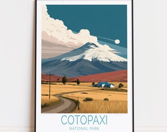 Póster de viaje del Cotopaxi, Ecuador, arte mural de Ecuador, impresión del Parque Nacional Cotopaxi, decoración del hogar, regalos de cumpleaños, regalo de boda