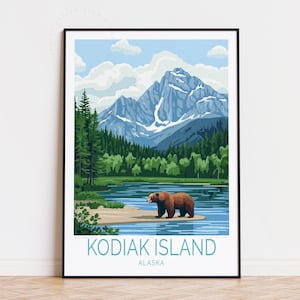 Póster de viaje a la isla Kodiak, arte mural de Alaska, impresión de la isla Kodiak, regalo de cumpleaños, póster de viaje personalizado, decoración del hogar