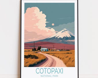 Cartel de viaje del Parque Nacional Cotopaxi, Arte de la pared de Ecuador, Impresión del Parque Nacional Cotopaxi, Decoración del hogar, Regalos de cumpleaños