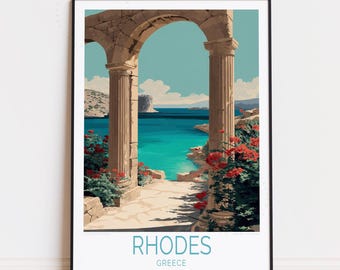 Plakat podróżniczy Rodos, Grecja – sztuka ścienna na wybrzeżu Morza Śródziemnego, starożytny łuk, wydruk z widokiem na morze