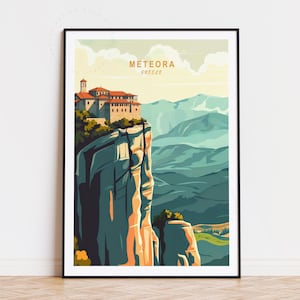 Poster di viaggio di Meteora, arte murale della Grecia, stampa di Meteora Grecia, arredamento per la casa, poster di viaggio personalizzato, regali di compleanno