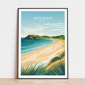 Póster de viaje de Rock Beach, Cornualles, arte mural de Inglaterra, impresión de roca, regalo de cumpleaños, decoración del hogar, regalos personalizados, paisaje urbano minimalista
