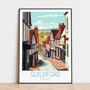 Affiche de voyage Guildford, art mural Angleterre, impression Guildford Angleterre, cadeau d'anniversaire, affiche de voyage personnalisée, cadeaux de pendaison de crémaillère