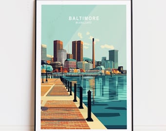 Póster de viaje de Baltimore, arte mural de Maryland, impresión de Baltimore, Maryland, regalos de cumpleaños, regalos de inauguración de la casa, póster de viaje minimalista