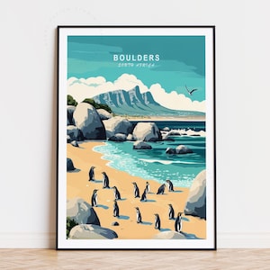 Póster de viaje de Boulders Penguin, arte mural de Sudáfrica, impresión de Boulders, regalos de cumpleaños, póster de viaje personalizado, paisaje urbano minimalista