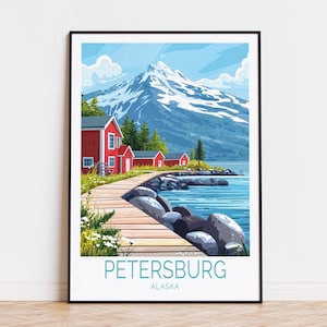 Póster de viaje de Petersburgo, arte mural de Alaska, impresión de Petersburgo, Alaska, regalos de cumpleaños, póster de viaje personalizado, decoración del hogar