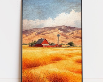 Pôster de Nebraska – Impressão em aquarela, pôster de viagem com paisagem rural do Meio-Oeste para decoração de parede.