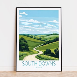 Poster de voyage South Downs, art mural Angleterre, impression parc national des South Downs, décoration d'intérieur, cadeaux personnalisés, cadeau d'anniversaire