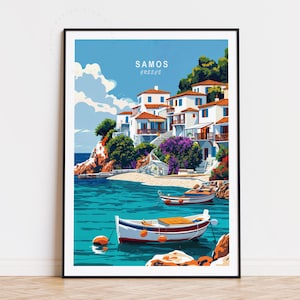Poster di viaggio di Samos Grecia, arte murale della Grecia, stampa di Samos, arredamento per la casa, poster di viaggio personalizzato, regali di compleanno, paesaggio urbano minimalista