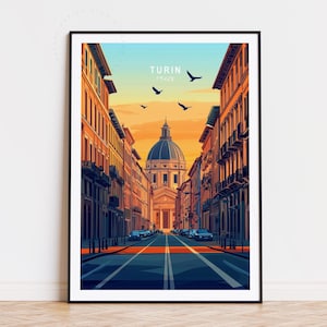 Póster de viaje de Turín, arte mural de Italia, impresión de Turín, Italia, decoración del hogar, póster de viaje personalizado, regalos de cumpleaños, paisaje urbano minimalista