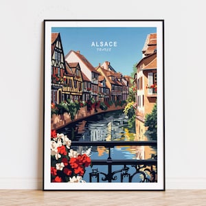 Poster di viaggio Alsazia, arte murale Francia, stampa Alsazia Francia, arredamento per la casa, regali di compleanno, poster di viaggio personalizzato, paesaggio urbano minimalista