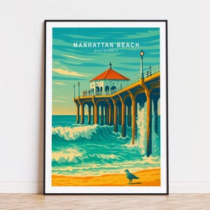 Poster de voyage de Manhattan Beach, art mural californien, impression de Manhattan Beach, affiche de voyage personnalisée, cadeaux d'anniversaire, décoration d'intérieur