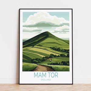 Poster de voyage Mam Tor en Angleterre, art mural Angleterre, impression Mam Tor, cadeau d'anniversaire, poster de voyage personnalisé, cadeaux de pendaison de crémaillère