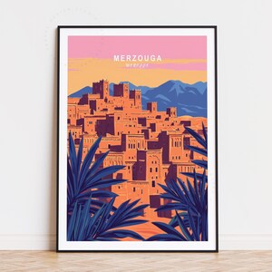 Poster de voyage Merzouga, art mural Maroc, impression Merzouga Maroc, cadeaux d'anniversaire, affiche de voyage personnalisée, décoration d'intérieur, paysage urbain minimaliste