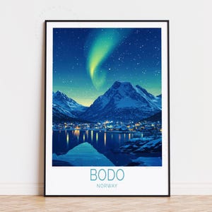 Poster di viaggio di Bodø, arte murale norvegese, stampa di Bodø, Norvegia, arredamento per la casa, regalo di compleanno, regalo di nozze, poster dell'aurora boreale