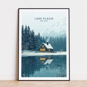 Póster de viaje de Lake Placid, arte mural de Nueva York, impresión de Lake Placid, Nueva York, decoración del hogar, regalos de cumpleaños, regalos de boda, paisaje urbano minimalista
