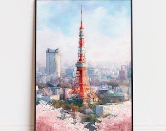 Tokyo Japan Watercolor Print – Tokyo Tower Cherry Blossom View Wall Art, Travel Poster Decor