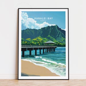 Poster de voyage dans la baie d'Hanalei, art mural Hawaï, impression sur la baie d'Hanalei, Hawaii, cadeaux d'anniversaire, paysage urbain minimaliste, décoration d'intérieur