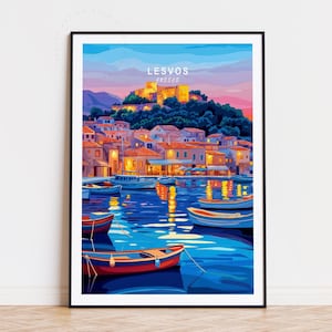 Poster di viaggio di Lesbo, Grecia, arte murale greca, stampa dell'isola di Lesbo, arredamento per la casa, poster di viaggio personalizzato, regali di compleanno, paesaggio urbano minimalista