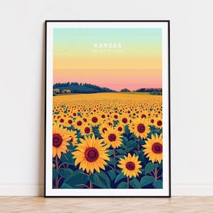 Poster di viaggio del Kansas, Stati Uniti, arte murale degli Stati Uniti, stampa di girasoli del Kansas, regali di compleanno, arredamento per la casa, paesaggio urbano minimalista