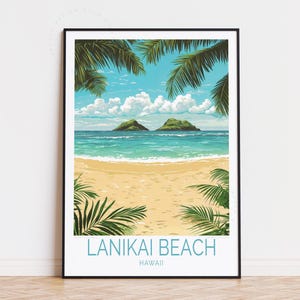 Póster de viaje de la playa de Lanikai, arte mural de Hawái, impresión de la playa de Lanikai, decoración del hogar, regalo de cumpleaños, regalos de aniversario, póster de viaje personalizado