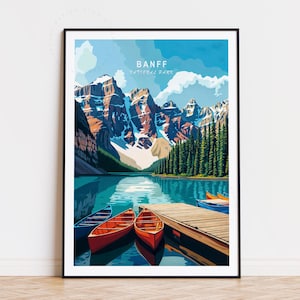 Póster de viaje de Banff, arte mural de Canadá, impresión del parque nacional de Banff, decoración del hogar, regalo de cumpleaños, paisaje urbano minimalista, regalos personalizados