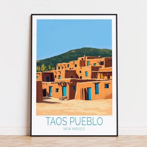 Poster de voyage Taos Pueblo Nouveau-Mexique, art mural Nouveau-Mexique, impression Taos Pueblo, décoration d'intérieur, cadeaux d'anniversaire, affiche de voyage personnalisée