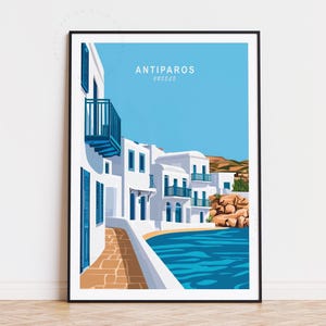 Poster di viaggio di Antiparos, arte murale in Grecia, stampa di Antiparos, Grecia, arredamento da viaggio per la casa, regalo di compleanno, paesaggio urbano minimalista
