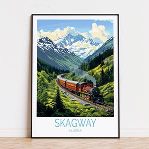 May include: A vintage-style travel poster depicting a red train winding through a mountain valley in Skagway, Alaska. The train is a steam locomotive with a plume of smoke rising from its chimney. The mountains are snow-capped and the valley is lush and green.