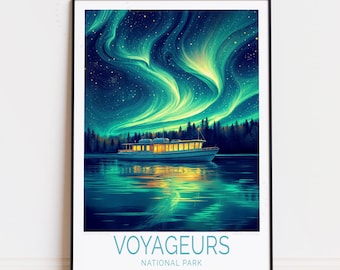 Voyageurs National Park Plakat podróżniczy, Minnesota Wall Art, Voyageurs Northern Lights Print, Prezenty urodzinowe, Spersonalizowany plakat podróżniczy, Wystrój domu