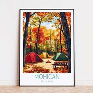 Póster de viaje del Parque Estatal Mohicano de Ohio, arte mural de Ohio, impresión de camping del Parque Estatal Mohicano, decoración del hogar, regalos de cumpleaños