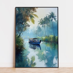 Puede incluir: Pintura a la acuarela de un barco azul con pasajeros en un r&iacute;o tranquilo, rodeado de exuberantes palmeras y follaje verde. La obra de arte tiene un tema tropical sereno, con azules y verdes suaves.
