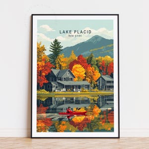Poster de voyage Lake Placid, art mural New York, impression Lake Placid New York, cadeau d'anniversaire, cadeaux de pendaison de crémaillère, paysage urbain minimaliste