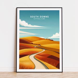 Poster de voyage South Downs, art mural Angleterre, impression parc national des South Downs, décoration d'intérieur, cadeaux personnalisés, cadeau d'anniversaire