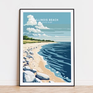 Affiche de voyage Illinois Beach, art mural États-Unis, impression Illinois Beach State Park, cadeau d'anniversaire, cadeaux personnalisés, décoration d'intérieur