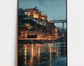 May include: Watercolor painting of a European cityscape at dusk. The artwork depicts buildings illuminated with warm lights along a river, with reflections in the water. A bridge spans the river, and the sky is a deep blue.