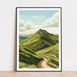 Poster de voyage Mam Tor, art mural Angleterre, impression Mam Tor, cadeaux d'anniversaire, poster de voyage personnalisé, décoration d'intérieur, paysage urbain minimaliste