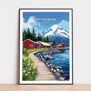 Póster de viaje de Petersburgo, arte mural de Alaska, impresión de Petersburgo, Alaska, regalos de cumpleaños, póster de viaje minimalista, decoración del hogar