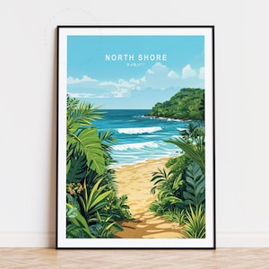 Plakat z podróży North Shore, sztuka ścienna na Hawajach, wydruk North Shore Hawaii, wystrój domu, spersonalizowany plakat z podróży, prezent urodzinowy, prezenty rocznicowe