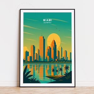 Póster de viaje de Miami, Florida, arte mural de Florida, impresión de Miami, decoración del hogar, póster de viaje personalizado, regalos de cumpleaños, paisaje urbano minimalista